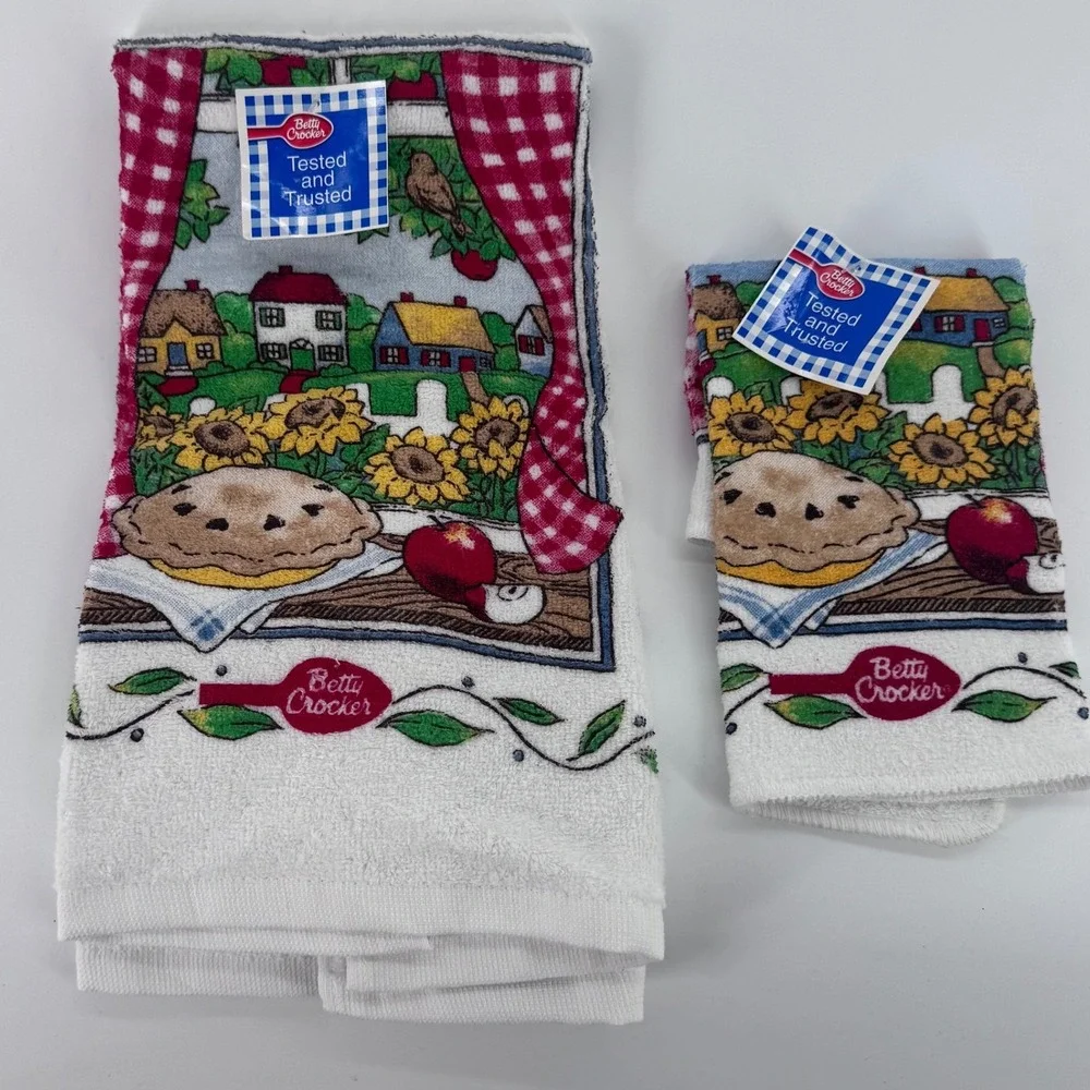 Vintage Betty Crocker Kitchen Towel Set of 2 Cottagecore Pie Sunflowers New‎